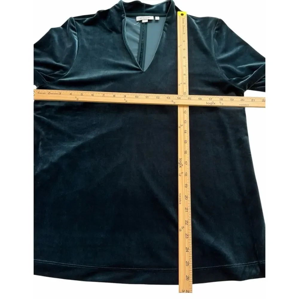 Chico’s Velvet 2 Piece Set Womens Large Teal 3/4 Sleeve Pull On Pants Relaxed - Picture 6 of 10